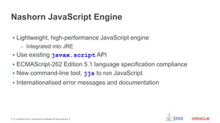 Nashorn JavaScript Engine
 Lightweight, high-performance JavaScript engine
– Integrated into JRE

 Use existing javax.script API
 ECMAScript-262 Edition 5.1 language specification compliance

 New command-line tool, jjs to run JavaScript
 Internationalised error messages and documentation

41

Copyright © 2012, Oracle and/or its affiliates. All rights reserved.

 