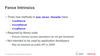 Fence Intrinsics
 Three new methods in sun.misc.Unsafe class
– loadFence
– storeFence
– ringFence

 Required by library code
– Ensure memory access operations do not get reordered

 Not intended to be used by application developers
– May be exposed as public API in JDK9

44

Copyright © 2012, Oracle and/or its affiliates. All rights reserved.

 