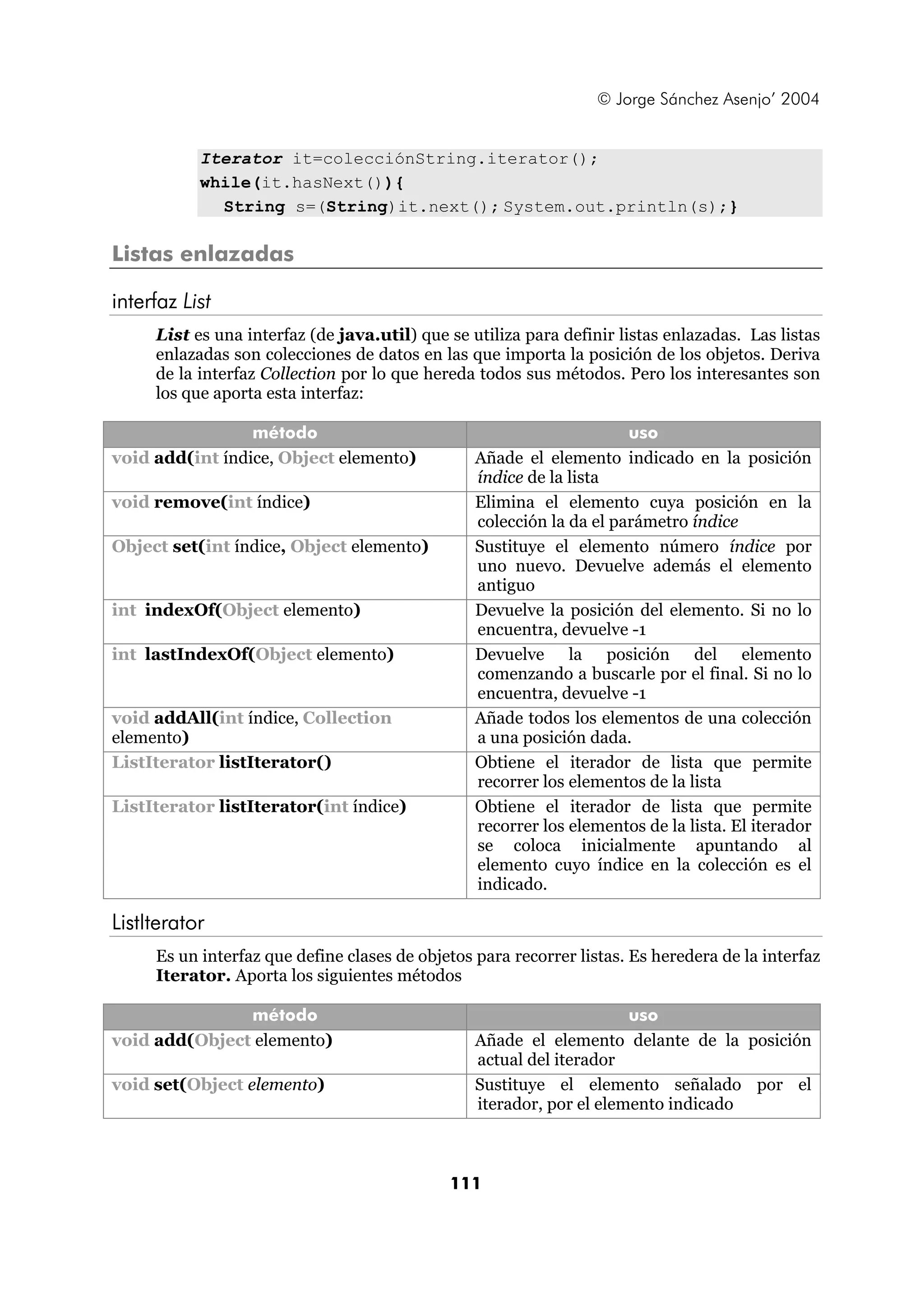 © Jorge Sánchez Asenjo’ 2004 
Iterator it=colecciónString.iterator(); 
while(it.hasNext()){ 
String s=(String)it.next(); System.out.println(s);} 
111 
Listas enlazadas 
interfaz List 
List es una interfaz (de java.util) que se utiliza para definir listas enlazadas. Las listas 
enlazadas son colecciones de datos en las que importa la posición de los objetos. Deriva 
de la interfaz Collection por lo que hereda todos sus métodos. Pero los interesantes son 
los que aporta esta interfaz: 
método uso 
void add(int índice, Object elemento) Añade el elemento indicado en la posición 
índice de la lista 
void remove(int índice) Elimina el elemento cuya posición en la 
colección la da el parámetro índice 
Object set(int índice, Object elemento) Sustituye el elemento número índice por 
uno nuevo. Devuelve además el elemento 
antiguo 
int indexOf(Object elemento) Devuelve la posición del elemento. Si no lo 
encuentra, devuelve -1 
int lastIndexOf(Object elemento) Devuelve la posición del elemento 
comenzando a buscarle por el final. Si no lo 
encuentra, devuelve -1 
void addAll(int índice, Collection 
elemento) 
Añade todos los elementos de una colección 
a una posición dada. 
ListIterator listIterator() Obtiene el iterador de lista que permite 
recorrer los elementos de la lista 
ListIterator listIterator(int índice) Obtiene el iterador de lista que permite 
recorrer los elementos de la lista. El iterador 
se coloca inicialmente apuntando al 
elemento cuyo índice en la colección es el 
indicado. 
ListIterator 
Es un interfaz que define clases de objetos para recorrer listas. Es heredera de la interfaz 
Iterator. Aporta los siguientes métodos 
método uso 
void add(Object elemento) Añade el elemento delante de la posición 
actual del iterador 
void set(Object elemento) Sustituye el elemento señalado por el 
iterador, por el elemento indicado 
 