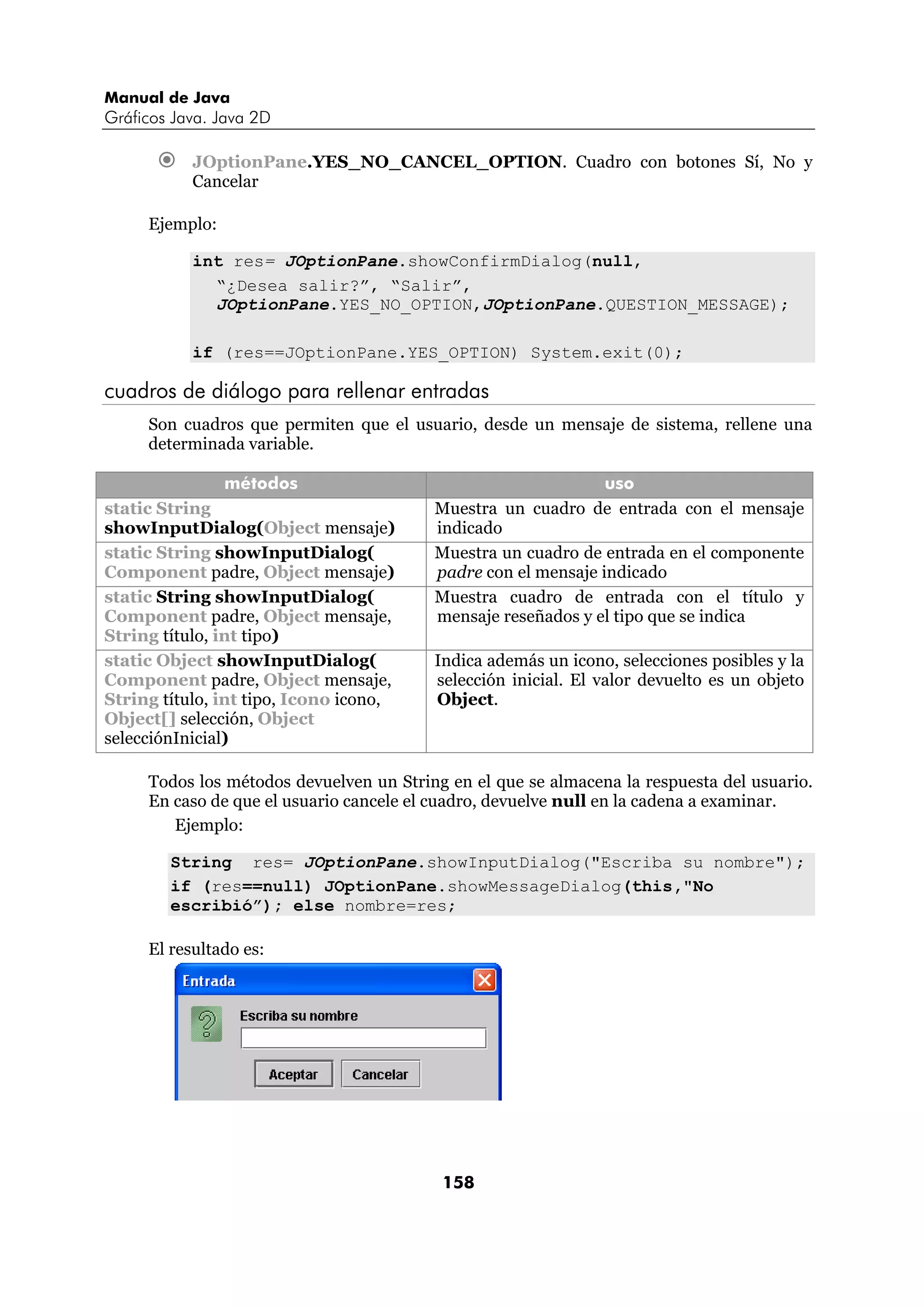 Manual de Java 
Gráficos Java. Java 2D 
€ JOptionPane.YES_NO_CANCEL_OPTION. Cuadro con botones Sí, No y 
158 
Cancelar 
Ejemplo: 
int res= JOptionPane.showConfirmDialog(null, 
“¿Desea salir?”, “Salir”, 
JOptionPane.YES_NO_OPTION,JOptionPane.QUESTION_MESSAGE); 
if (res==JOptionPane.YES_OPTION) System.exit(0); 
cuadros de diálogo para rellenar entradas 
Son cuadros que permiten que el usuario, desde un mensaje de sistema, rellene una 
determinada variable. 
métodos uso 
static String 
showInputDialog(Object mensaje) 
Muestra un cuadro de entrada con el mensaje 
indicado 
static String showInputDialog( 
Component padre, Object mensaje) 
Muestra un cuadro de entrada en el componente 
padre con el mensaje indicado 
static String showInputDialog( 
Component padre, Object mensaje, 
String título, int tipo) 
Muestra cuadro de entrada con el título y 
mensaje reseñados y el tipo que se indica 
static Object showInputDialog( 
Component padre, Object mensaje, 
String título, int tipo, Icono icono, 
Object[] selección, Object 
selecciónInicial) 
Indica además un icono, selecciones posibles y la 
selección inicial. El valor devuelto es un objeto 
Object. 
Todos los métodos devuelven un String en el que se almacena la respuesta del usuario. 
En caso de que el usuario cancele el cuadro, devuelve null en la cadena a examinar. 
Ejemplo: 
String res= JOptionPane.showInputDialog("Escriba su nombre"); 
if (res==null) JOptionPane.showMessageDialog(this,"No 
escribió”); else nombre=res; 
El resultado es: 
 