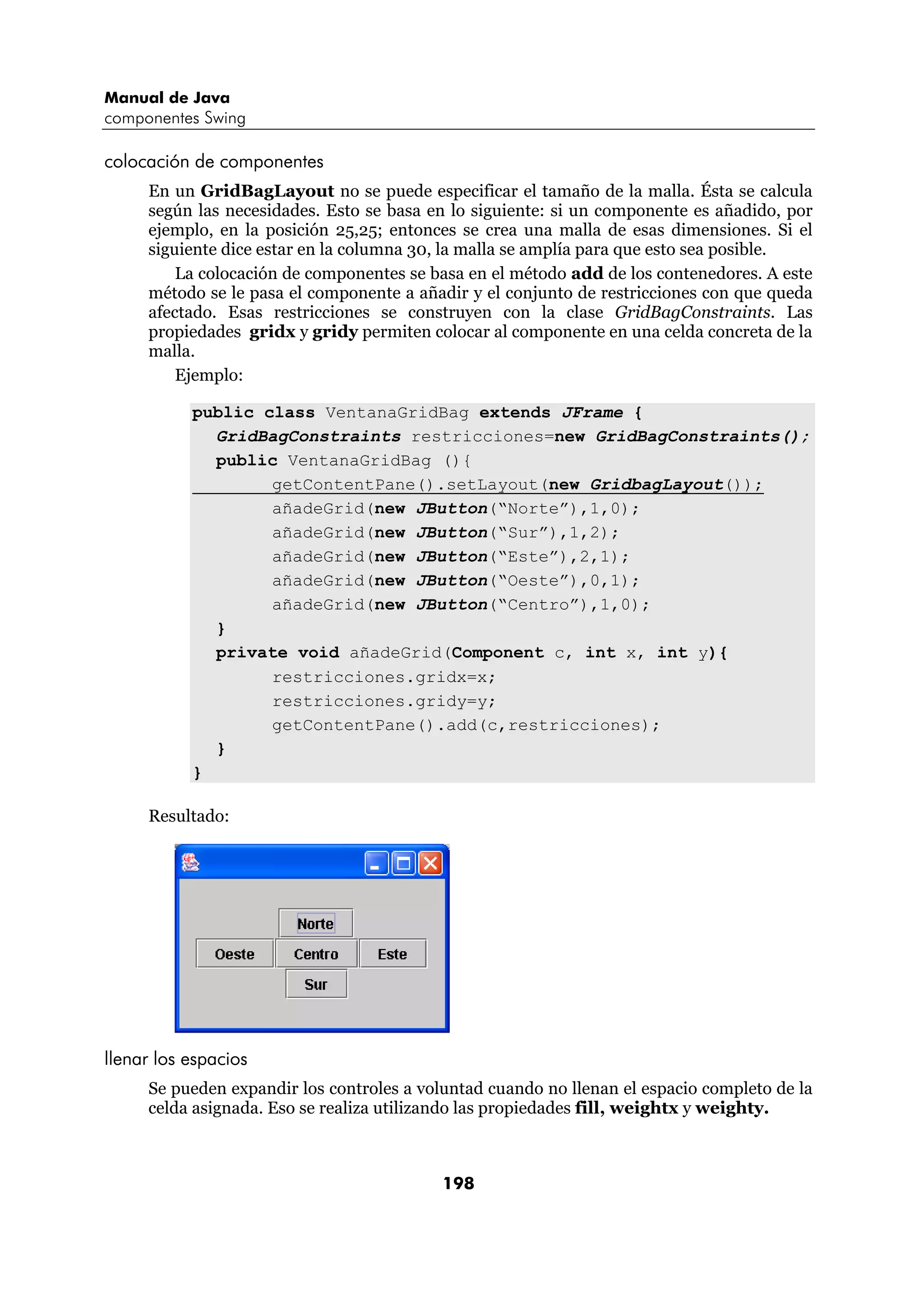 Manual de Java 
componentes Swing 
198 
colocación de componentes 
En un GridBagLayout no se puede especificar el tamaño de la malla. Ésta se calcula 
según las necesidades. Esto se basa en lo siguiente: si un componente es añadido, por 
ejemplo, en la posición 25,25; entonces se crea una malla de esas dimensiones. Si el 
siguiente dice estar en la columna 30, la malla se amplía para que esto sea posible. 
La colocación de componentes se basa en el método add de los contenedores. A este 
método se le pasa el componente a añadir y el conjunto de restricciones con que queda 
afectado. Esas restricciones se construyen con la clase GridBagConstraints. Las 
propiedades gridx y gridy permiten colocar al componente en una celda concreta de la 
malla. 
Ejemplo: 
public class VentanaGridBag extends JFrame { 
GridBagConstraints restricciones=new GridBagConstraints(); 
public VentanaGridBag (){ 
getContentPane().setLayout(new GridbagLayout()); 
añadeGrid(new JButton(“Norte”),1,0); 
añadeGrid(new JButton(“Sur”),1,2); 
añadeGrid(new JButton(“Este”),2,1); 
añadeGrid(new JButton(“Oeste”),0,1); 
añadeGrid(new JButton(“Centro”),1,0); 
} 
private void añadeGrid(Component c, int x, int y){ 
restricciones.gridx=x; 
restricciones.gridy=y; 
getContentPane().add(c,restricciones); 
} 
} 
Resultado: 
llenar los espacios 
Se pueden expandir los controles a voluntad cuando no llenan el espacio completo de la 
celda asignada. Eso se realiza utilizando las propiedades fill, weightx y weighty. 
 