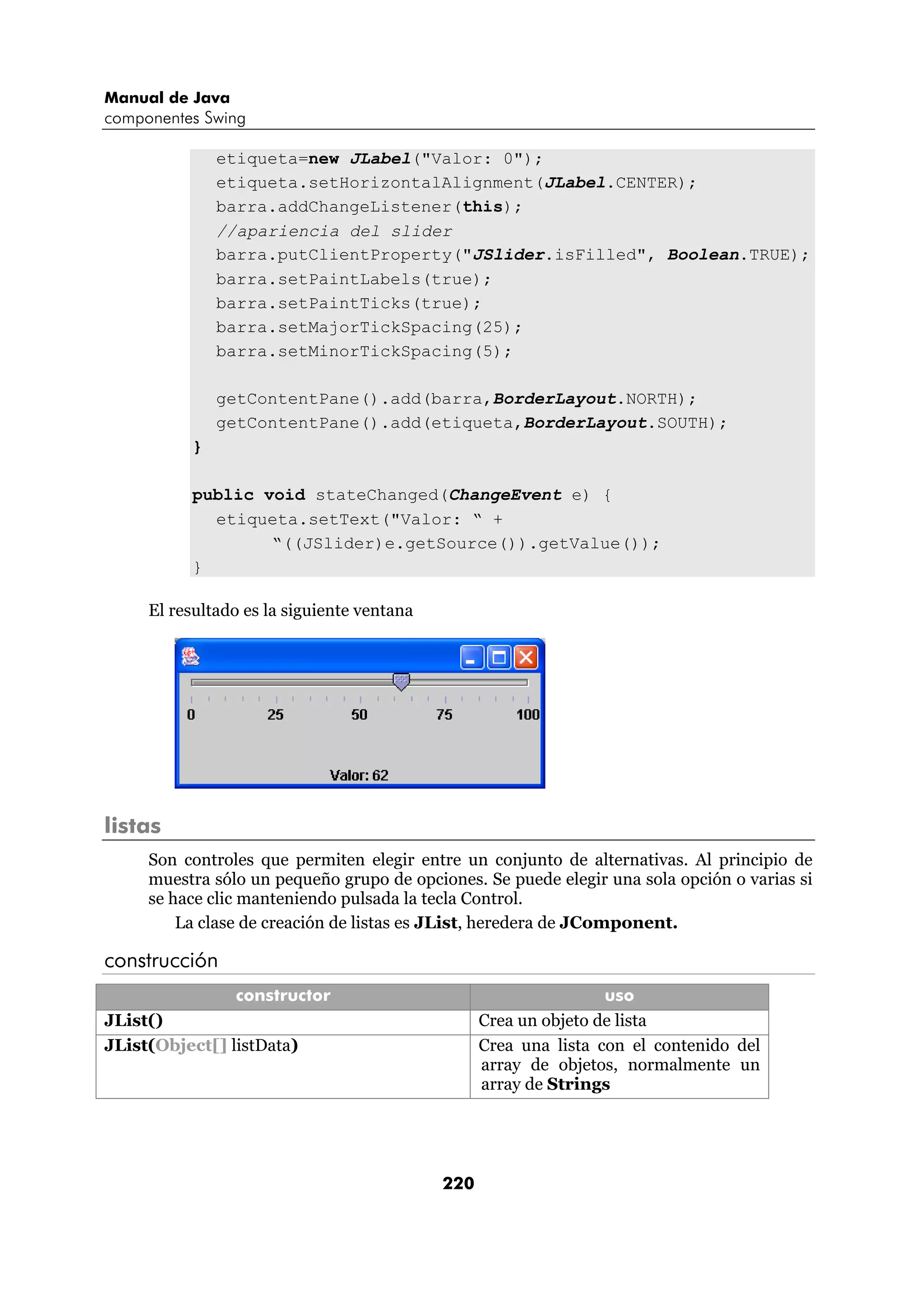 Manual de Java 
componentes Swing 
etiqueta=new JLabel("Valor: 0"); 
etiqueta.setHorizontalAlignment(JLabel.CENTER); 
barra.addChangeListener(this); 
//apariencia del slider 
barra.putClientProperty("JSlider.isFilled", Boolean.TRUE); 
barra.setPaintLabels(true); 
barra.setPaintTicks(true); 
barra.setMajorTickSpacing(25); 
barra.setMinorTickSpacing(5); 
getContentPane().add(barra,BorderLayout.NORTH); 
getContentPane().add(etiqueta,BorderLayout.SOUTH); 
220 
} 
public void stateChanged(ChangeEvent e) { 
etiqueta.setText("Valor: “ + 
“((JSlider)e.getSource()).getValue()); 
} 
El resultado es la siguiente ventana 
listas 
Son controles que permiten elegir entre un conjunto de alternativas. Al principio de 
muestra sólo un pequeño grupo de opciones. Se puede elegir una sola opción o varias si 
se hace clic manteniendo pulsada la tecla Control. 
La clase de creación de listas es JList, heredera de JComponent. 
construcción 
constructor uso 
JList() Crea un objeto de lista 
JList(Object[] listData) Crea una lista con el contenido del 
array de objetos, normalmente un 
array de Strings 
 