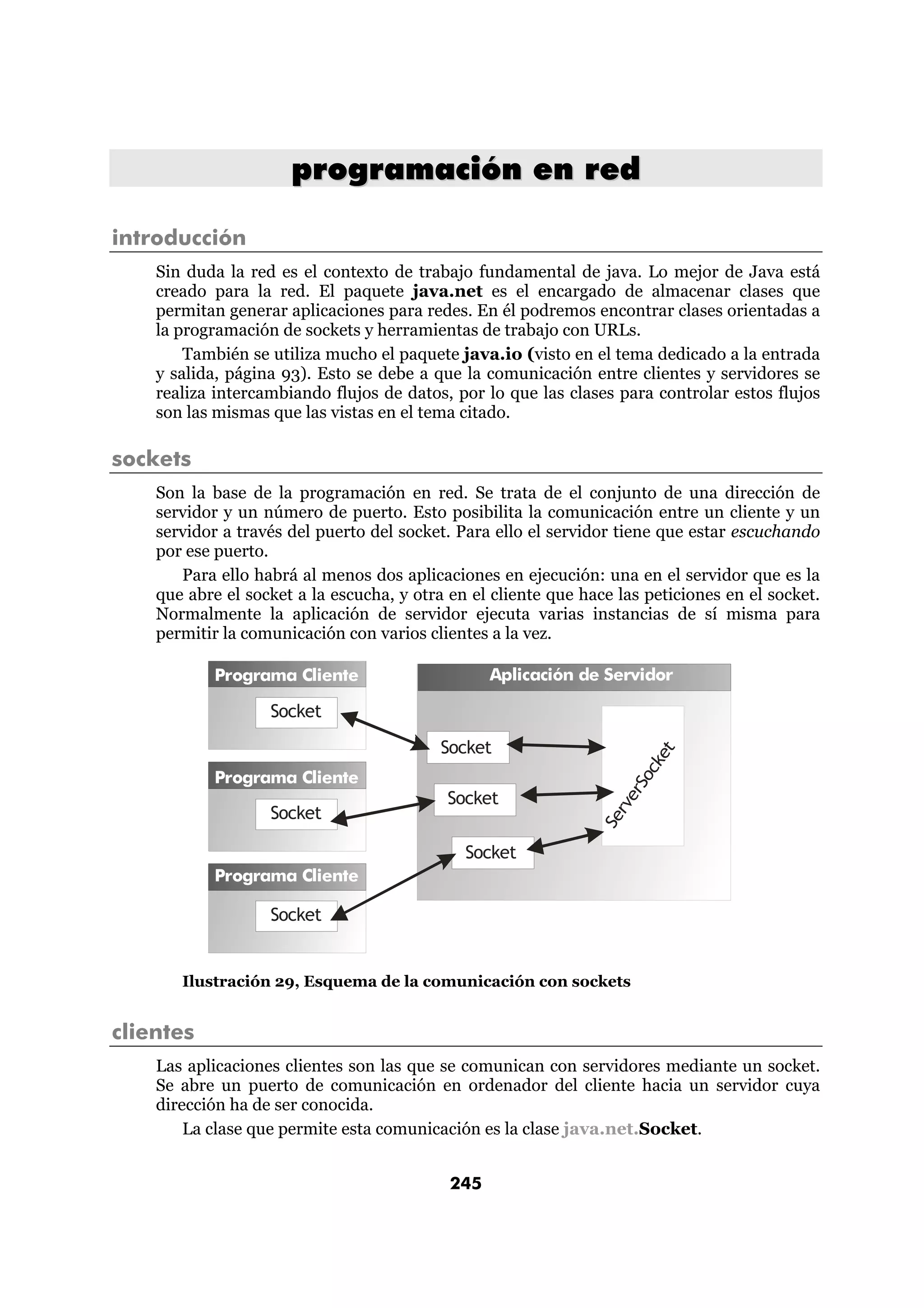 programación en red 
245 
introducción 
Sin duda la red es el contexto de trabajo fundamental de java. Lo mejor de Java está 
creado para la red. El paquete java.net es el encargado de almacenar clases que 
permitan generar aplicaciones para redes. En él podremos encontrar clases orientadas a 
la programación de sockets y herramientas de trabajo con URLs. 
También se utiliza mucho el paquete java.io (visto en el tema dedicado a la entrada 
y salida, página 93). Esto se debe a que la comunicación entre clientes y servidores se 
realiza intercambiando flujos de datos, por lo que las clases para controlar estos flujos 
son las mismas que las vistas en el tema citado. 
sockets 
Son la base de la programación en red. Se trata de el conjunto de una dirección de 
servidor y un número de puerto. Esto posibilita la comunicación entre un cliente y un 
servidor a través del puerto del socket. Para ello el servidor tiene que estar escuchando 
por ese puerto. 
Para ello habrá al menos dos aplicaciones en ejecución: una en el servidor que es la 
que abre el socket a la escucha, y otra en el cliente que hace las peticiones en el socket. 
Normalmente la aplicación de servidor ejecuta varias instancias de sí misma para 
permitir la comunicación con varios clientes a la vez. 
Aplicación de Servidor 
Socket 
Socket 
Socket 
ServerSocket 
Programa Cliente 
Socket 
Programa Cliente 
Socket 
Programa Cliente 
Socket 
Ilustración 29, Esquema de la comunicación con sockets 
clientes 
Las aplicaciones clientes son las que se comunican con servidores mediante un socket. 
Se abre un puerto de comunicación en ordenador del cliente hacia un servidor cuya 
dirección ha de ser conocida. 
La clase que permite esta comunicación es la clase java.net.Socket. 
 