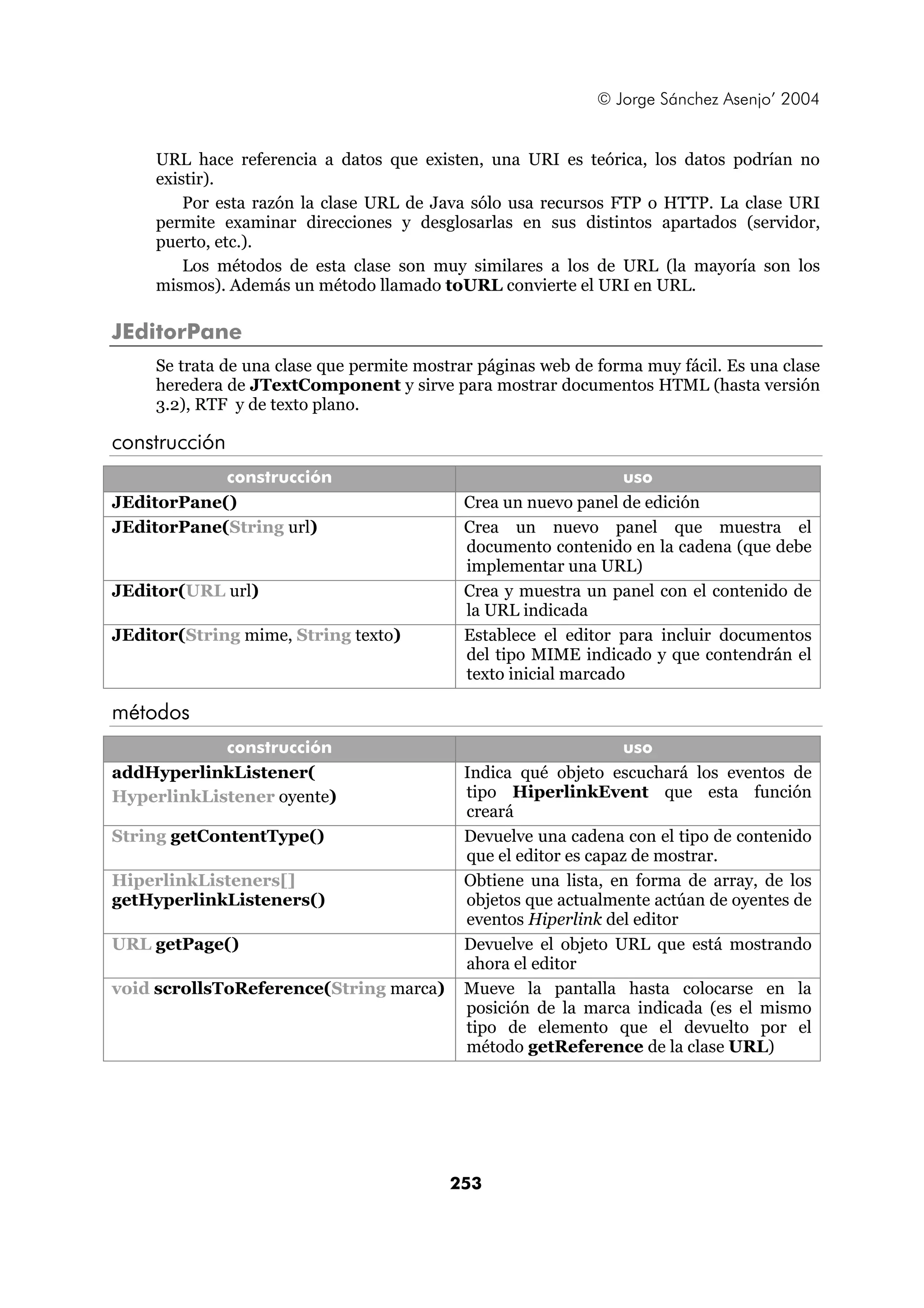 © Jorge Sánchez Asenjo’ 2004 
URL hace referencia a datos que existen, una URI es teórica, los datos podrían no 
existir). 
Por esta razón la clase URL de Java sólo usa recursos FTP o HTTP. La clase URI 
permite examinar direcciones y desglosarlas en sus distintos apartados (servidor, 
puerto, etc.). 
Los métodos de esta clase son muy similares a los de URL (la mayoría son los 
mismos). Además un método llamado toURL convierte el URI en URL. 
253 
JEditorPane 
Se trata de una clase que permite mostrar páginas web de forma muy fácil. Es una clase 
heredera de JTextComponent y sirve para mostrar documentos HTML (hasta versión 
3.2), RTF y de texto plano. 
construcción 
construcción uso 
JEditorPane() Crea un nuevo panel de edición 
JEditorPane(String url) Crea un nuevo panel que muestra el 
documento contenido en la cadena (que debe 
implementar una URL) 
JEditor(URL url) Crea y muestra un panel con el contenido de 
la URL indicada 
JEditor(String mime, String texto) Establece el editor para incluir documentos 
del tipo MIME indicado y que contendrán el 
texto inicial marcado 
métodos 
construcción uso 
addHyperlinkListener( 
HyperlinkListener oyente) 
Indica qué objeto escuchará los eventos de 
tipo HiperlinkEvent que esta función 
creará 
String getContentType() Devuelve una cadena con el tipo de contenido 
que el editor es capaz de mostrar. 
HiperlinkListeners[] 
getHyperlinkListeners() 
Obtiene una lista, en forma de array, de los 
objetos que actualmente actúan de oyentes de 
eventos Hiperlink del editor 
URL getPage() Devuelve el objeto URL que está mostrando 
ahora el editor 
void scrollsToReference(String marca) Mueve la pantalla hasta colocarse en la 
posición de la marca indicada (es el mismo 
tipo de elemento que el devuelto por el 
método getReference de la clase URL) 
 
