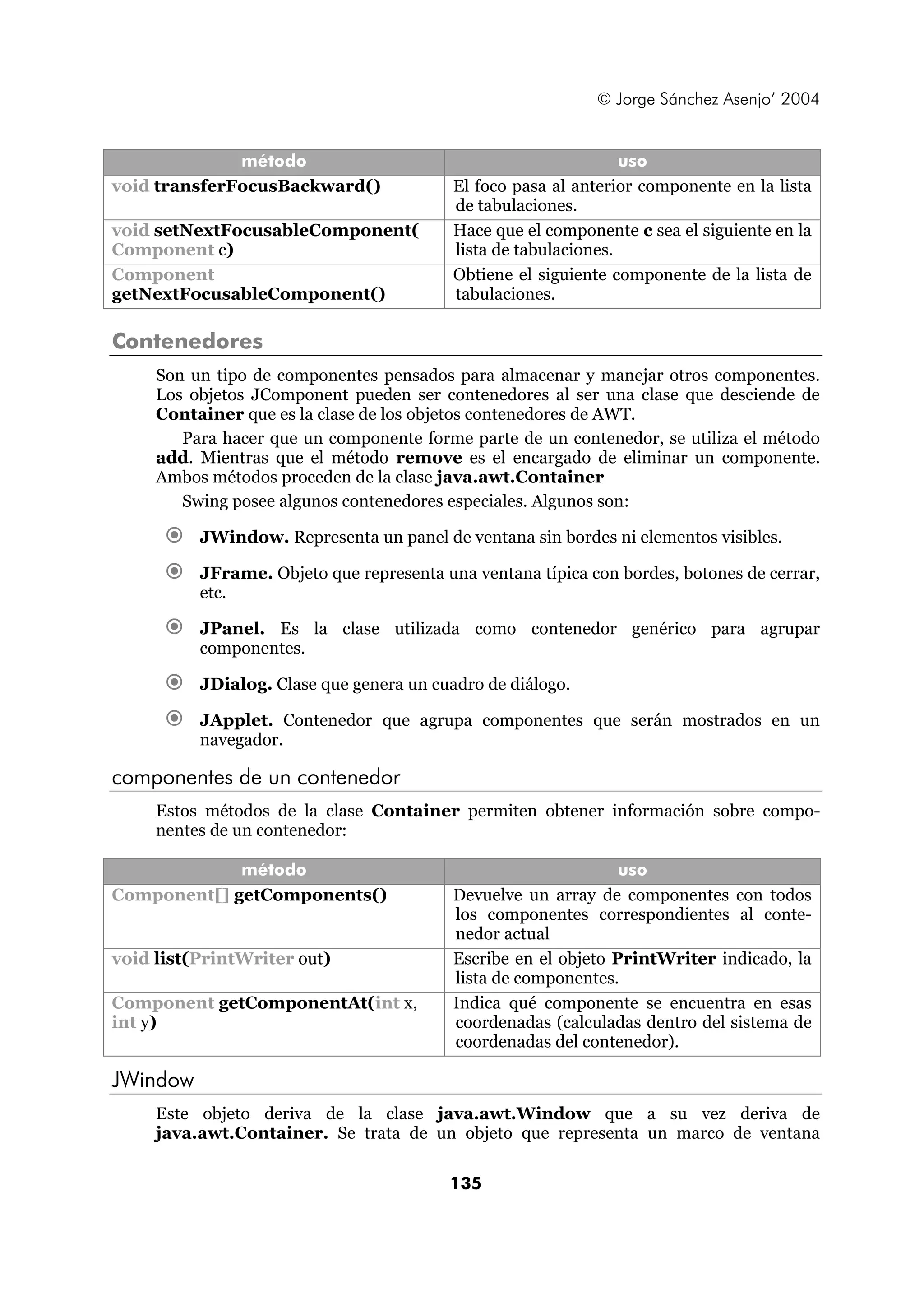 © Jorge Sánchez Asenjo’ 2004 
método uso 
void transferFocusBackward() El foco pasa al anterior componente en la lista 
de tabulaciones. 
135 
void setNextFocusableComponent( 
Component c) 
Hace que el componente c sea el siguiente en la 
lista de tabulaciones. 
Component 
getNextFocusableComponent() 
Obtiene el siguiente componente de la lista de 
tabulaciones. 
Contenedores 
Son un tipo de componentes pensados para almacenar y manejar otros componentes. 
Los objetos JComponent pueden ser contenedores al ser una clase que desciende de 
Container que es la clase de los objetos contenedores de AWT. 
Para hacer que un componente forme parte de un contenedor, se utiliza el método 
add. Mientras que el método remove es el encargado de eliminar un componente. 
Ambos métodos proceden de la clase java.awt.Container 
Swing posee algunos contenedores especiales. Algunos son: 
€ JWindow. Representa un panel de ventana sin bordes ni elementos visibles. 
€ JFrame. Objeto que representa una ventana típica con bordes, botones de cerrar, 
etc. 
€ JPanel. Es la clase utilizada como contenedor genérico para agrupar 
componentes. 
€ JDialog. Clase que genera un cuadro de diálogo. 
€ JApplet. Contenedor que agrupa componentes que serán mostrados en un 
navegador. 
componentes de un contenedor 
Estos métodos de la clase Container permiten obtener información sobre compo-nentes 
de un contenedor: 
método uso 
Component[] getComponents() Devuelve un array de componentes con todos 
los componentes correspondientes al conte-nedor 
actual 
void list(PrintWriter out) Escribe en el objeto PrintWriter indicado, la 
lista de componentes. 
Component getComponentAt(int x, 
int y) 
Indica qué componente se encuentra en esas 
coordenadas (calculadas dentro del sistema de 
coordenadas del contenedor). 
JWindow 
Este objeto deriva de la clase java.awt.Window que a su vez deriva de 
java.awt.Container. Se trata de un objeto que representa un marco de ventana 
 