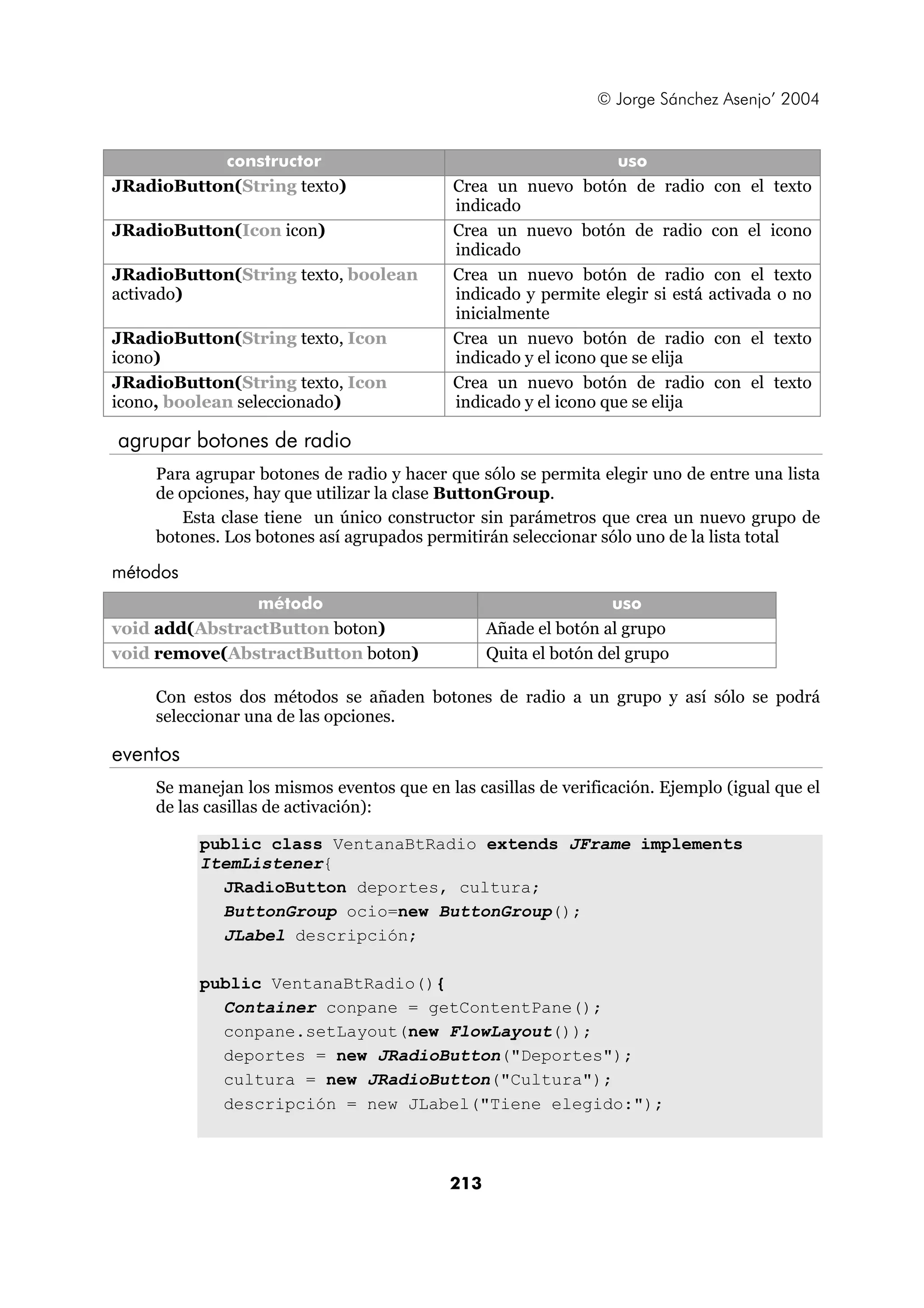 © Jorge Sánchez Asenjo’ 2004 
constructor uso 
JRadioButton(String texto) Crea un nuevo botón de radio con el texto 
indicado 
JRadioButton(Icon icon) Crea un nuevo botón de radio con el icono 
indicado 
213 
JRadioButton(String texto, boolean 
activado) 
Crea un nuevo botón de radio con el texto 
indicado y permite elegir si está activada o no 
inicialmente 
JRadioButton(String texto, Icon 
icono) 
Crea un nuevo botón de radio con el texto 
indicado y el icono que se elija 
JRadioButton(String texto, Icon 
icono, boolean seleccionado) 
Crea un nuevo botón de radio con el texto 
indicado y el icono que se elija 
agrupar botones de radio 
Para agrupar botones de radio y hacer que sólo se permita elegir uno de entre una lista 
de opciones, hay que utilizar la clase ButtonGroup. 
Esta clase tiene un único constructor sin parámetros que crea un nuevo grupo de 
botones. Los botones así agrupados permitirán seleccionar sólo uno de la lista total 
métodos 
método uso 
void add(AbstractButton boton) Añade el botón al grupo 
void remove(AbstractButton boton) Quita el botón del grupo 
Con estos dos métodos se añaden botones de radio a un grupo y así sólo se podrá 
seleccionar una de las opciones. 
eventos 
Se manejan los mismos eventos que en las casillas de verificación. Ejemplo (igual que el 
de las casillas de activación): 
public class VentanaBtRadio extends JFrame implements 
ItemListener{ 
JRadioButton deportes, cultura; 
ButtonGroup ocio=new ButtonGroup(); 
JLabel descripción; 
public VentanaBtRadio(){ 
Container conpane = getContentPane(); 
conpane.setLayout(new FlowLayout()); 
deportes = new JRadioButton("Deportes"); 
cultura = new JRadioButton("Cultura"); 
descripción = new JLabel("Tiene elegido:"); 
 