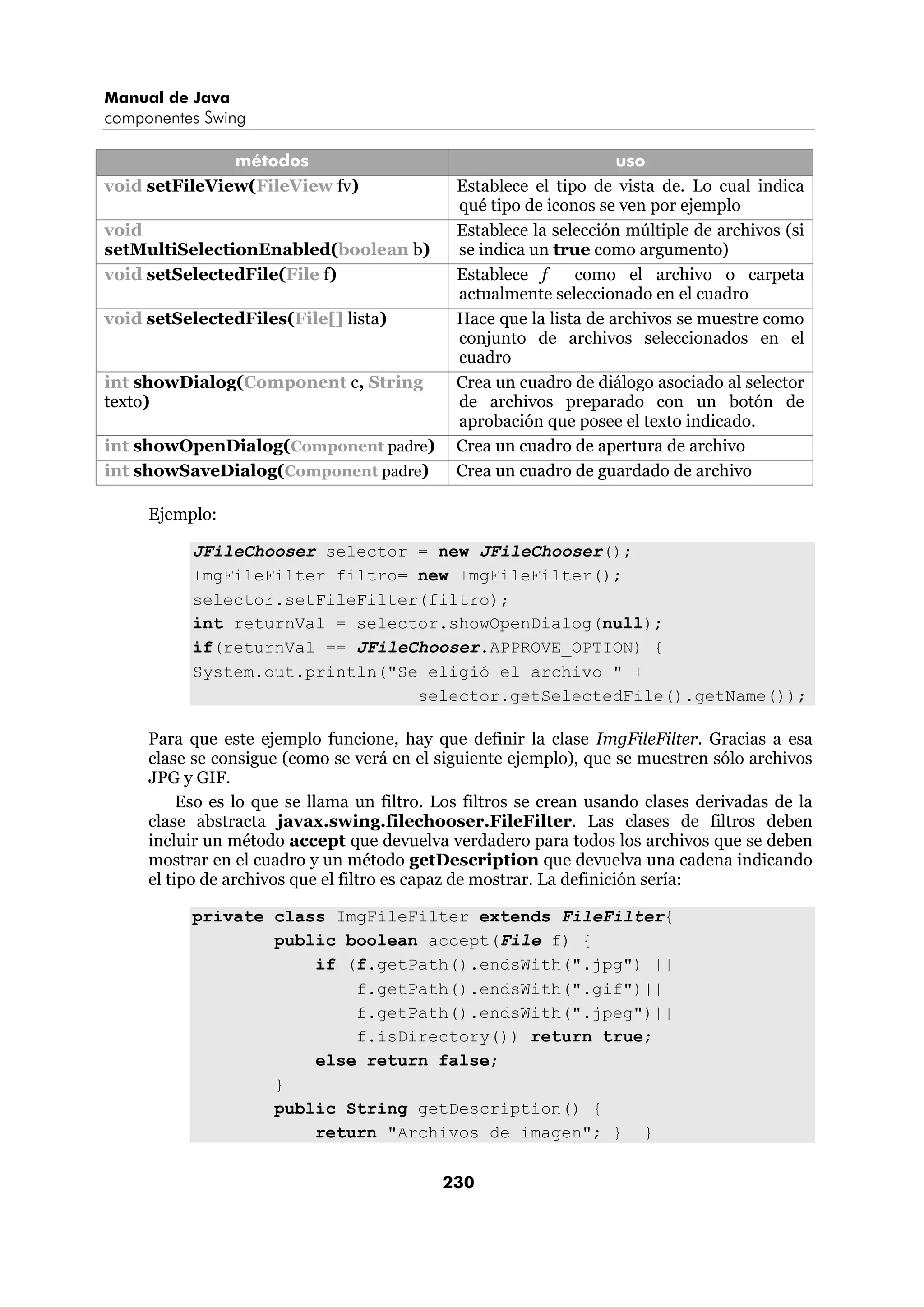 Manual de Java 
componentes Swing 
métodos uso 
void setFileView(FileView fv) Establece el tipo de vista de. Lo cual indica 
qué tipo de iconos se ven por ejemplo 
230 
void 
setMultiSelectionEnabled(boolean b) 
Establece la selección múltiple de archivos (si 
se indica un true como argumento) 
void setSelectedFile(File f) Establece f como el archivo o carpeta 
actualmente seleccionado en el cuadro 
void setSelectedFiles(File[] lista) Hace que la lista de archivos se muestre como 
conjunto de archivos seleccionados en el 
cuadro 
int showDialog(Component c, String 
texto) 
Crea un cuadro de diálogo asociado al selector 
de archivos preparado con un botón de 
aprobación que posee el texto indicado. 
int showOpenDialog(Component padre) Crea un cuadro de apertura de archivo 
int showSaveDialog(Component padre) Crea un cuadro de guardado de archivo 
Ejemplo: 
JFileChooser selector = new JFileChooser(); 
ImgFileFilter filtro= new ImgFileFilter(); 
selector.setFileFilter(filtro); 
int returnVal = selector.showOpenDialog(null); 
if(returnVal == JFileChooser.APPROVE_OPTION) { 
System.out.println("Se eligió el archivo " + 
selector.getSelectedFile().getName()); 
Para que este ejemplo funcione, hay que definir la clase ImgFileFilter. Gracias a esa 
clase se consigue (como se verá en el siguiente ejemplo), que se muestren sólo archivos 
JPG y GIF. 
Eso es lo que se llama un filtro. Los filtros se crean usando clases derivadas de la 
clase abstracta javax.swing.filechooser.FileFilter. Las clases de filtros deben 
incluir un método accept que devuelva verdadero para todos los archivos que se deben 
mostrar en el cuadro y un método getDescription que devuelva una cadena indicando 
el tipo de archivos que el filtro es capaz de mostrar. La definición sería: 
private class ImgFileFilter extends FileFilter{ 
public boolean accept(File f) { 
if (f.getPath().endsWith(".jpg") || 
f.getPath().endsWith(".gif")|| 
f.getPath().endsWith(".jpeg")|| 
f.isDirectory()) return true; 
else return false; 
} 
public String getDescription() { 
return "Archivos de imagen"; } } 
 