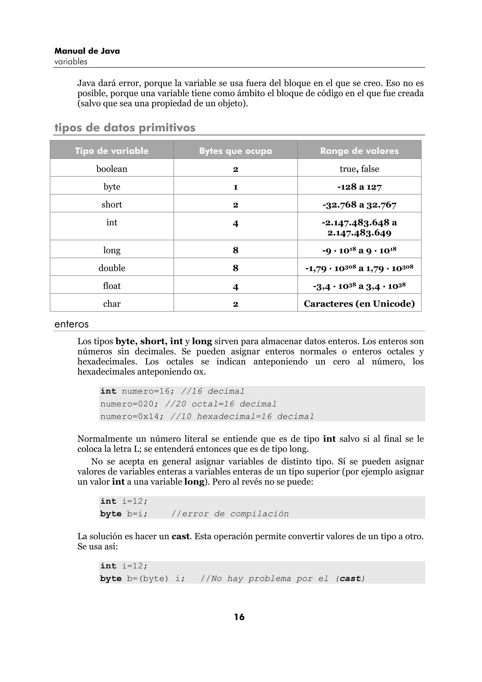 Manual de Java 
variables 
Java dará error, porque la variable se usa fuera del bloque en el que se creo. Eso no es 
posible, porque una variable tiene como ámbito el bloque de código en el que fue creada 
(salvo que sea una propiedad de un objeto). 
16 
tipos de datos primitivos 
Tipo de variable Bytes que ocupa Rango de valores 
boolean 2 true, false 
byte 1 -128 a 127 
short 2 -32.768 a 32.767 
int 4 -2.147.483.648 a 
2.147.483.649 
long 8 -9 · 1018 a 9 · 1018 
double 8 -1,79 · 10308 a 1,79 · 10308 
float 4 -3,4 · 1038 a 3,4 · 1038 
char 2 Caracteres (en Unicode) 
enteros 
Los tipos byte, short, int y long sirven para almacenar datos enteros. Los enteros son 
números sin decimales. Se pueden asignar enteros normales o enteros octales y 
hexadecimales. Los octales se indican anteponiendo un cero al número, los 
hexadecimales anteponiendo 0x. 
int numero=16; //16 decimal 
numero=020; //20 octal=16 decimal 
numero=0x14; //10 hexadecimal=16 decimal 
Normalmente un número literal se entiende que es de tipo int salvo si al final se le 
coloca la letra L; se entenderá entonces que es de tipo long. 
No se acepta en general asignar variables de distinto tipo. Sí se pueden asignar 
valores de variables enteras a variables enteras de un tipo superior (por ejemplo asignar 
un valor int a una variable long). Pero al revés no se puede: 
int i=12; 
byte b=i; //error de compilación 
La solución es hacer un cast. Esta operación permite convertir valores de un tipo a otro. 
Se usa así: 
int i=12; 
byte b=(byte) i; //No hay problema por el (cast) 
 