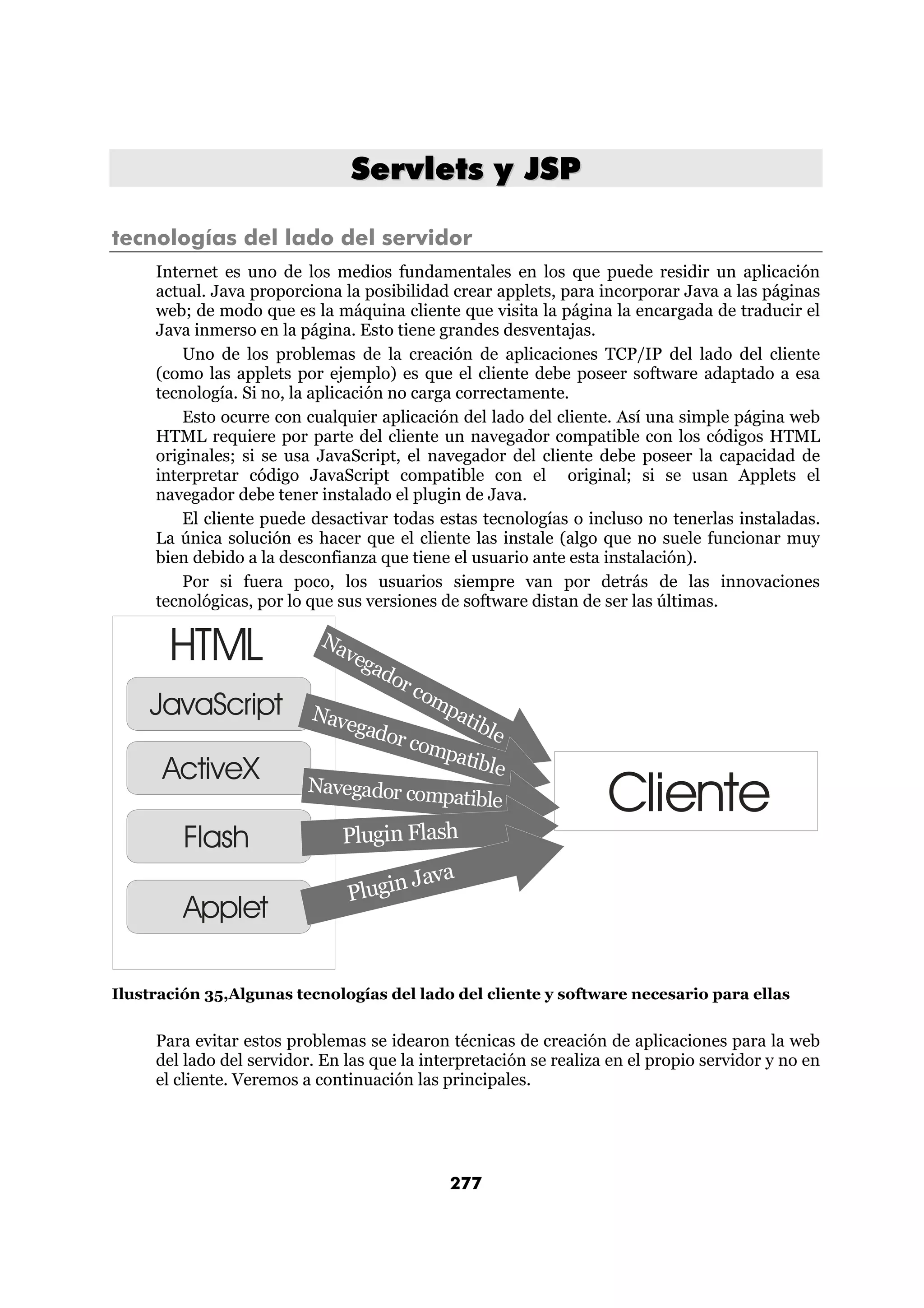 Servlets y JSP 
tecnologías del lado del servidor 
Internet es uno de los medios fundamentales en los que puede residir un aplicación 
actual. Java proporciona la posibilidad crear applets, para incorporar Java a las páginas 
web; de modo que es la máquina cliente que visita la página la encargada de traducir el 
Java inmerso en la página. Esto tiene grandes desventajas. 
Uno de los problemas de la creación de aplicaciones TCP/IP del lado del cliente 
(como las applets por ejemplo) es que el cliente debe poseer software adaptado a esa 
tecnología. Si no, la aplicación no carga correctamente. 
Esto ocurre con cualquier aplicación del lado del cliente. Así una simple página web 
HTML requiere por parte del cliente un navegador compatible con los códigos HTML 
originales; si se usa JavaScript, el navegador del cliente debe poseer la capacidad de 
interpretar código JavaScript compatible con el original; si se usan Applets el 
navegador debe tener instalado el plugin de Java. 
El cliente puede desactivar todas estas tecnologías o incluso no tenerlas instaladas. 
La única solución es hacer que el cliente las instale (algo que no suele funcionar muy 
bien debido a la desconfianza que tiene el usuario ante esta instalación). 
Por si fuera poco, los usuarios siempre van por detrás de las innovaciones 
tecnológicas, por lo que sus versiones de software distan de ser las últimas. 
HTML 
JavaScript 
ActiveX 
Flash 
Applet 
277 
Cliente 
Navegador compatible 
Navegador compatible 
Navegador compatible 
Plugin Flash 
Plugin Java 
Ilustración 35,Algunas tecnologías del lado del cliente y software necesario para ellas 
Para evitar estos problemas se idearon técnicas de creación de aplicaciones para la web 
del lado del servidor. En las que la interpretación se realiza en el propio servidor y no en 
el cliente. Veremos a continuación las principales. 
 