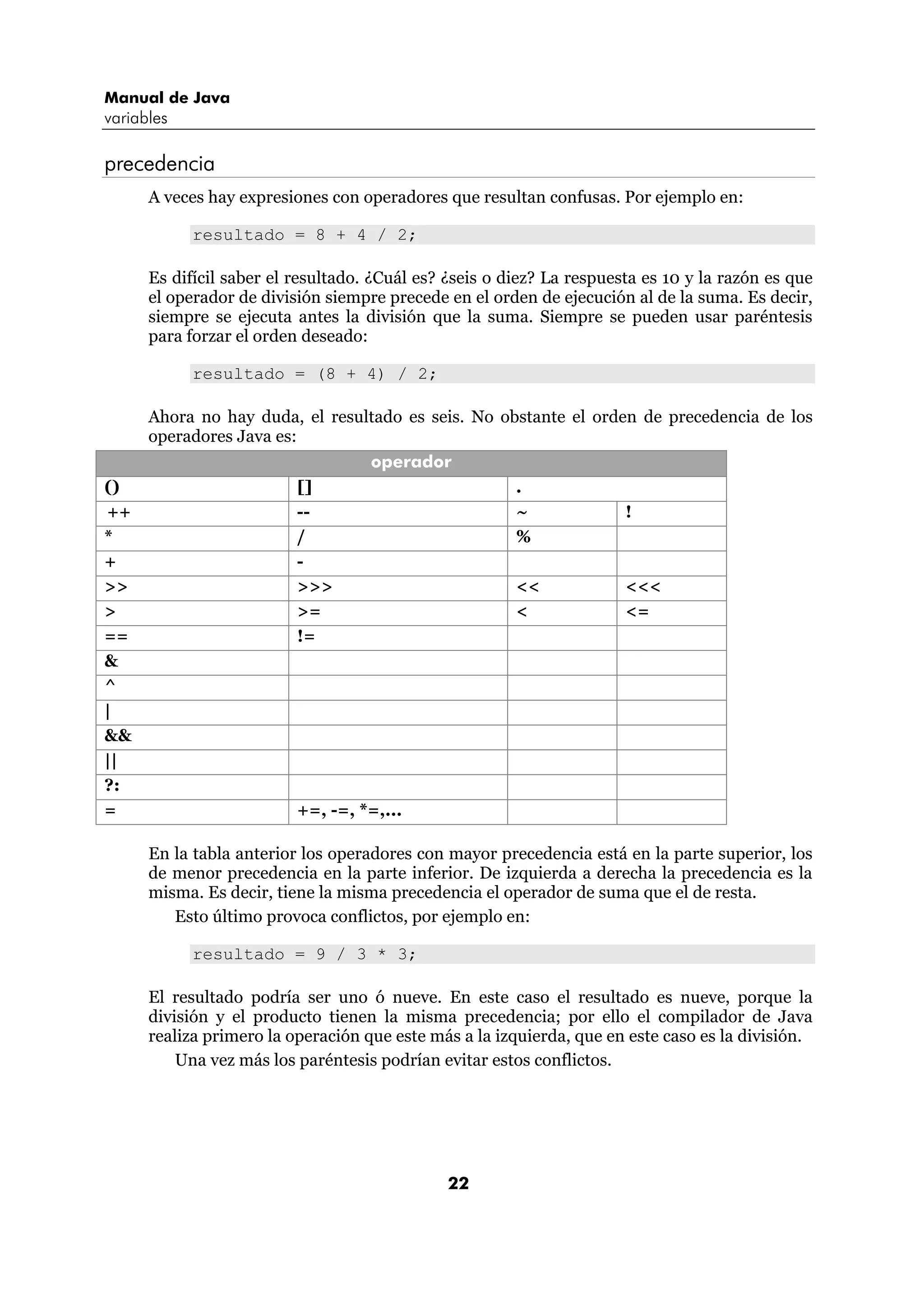 Manual de Java 
variables 
22 
precedencia 
A veces hay expresiones con operadores que resultan confusas. Por ejemplo en: 
resultado = 8 + 4 / 2; 
Es difícil saber el resultado. ¿Cuál es? ¿seis o diez? La respuesta es 10 y la razón es que 
el operador de división siempre precede en el orden de ejecución al de la suma. Es decir, 
siempre se ejecuta antes la división que la suma. Siempre se pueden usar paréntesis 
para forzar el orden deseado: 
resultado = (8 + 4) / 2; 
Ahora no hay duda, el resultado es seis. No obstante el orden de precedencia de los 
operadores Java es: 
operador 
() [] . 
++ -- ~ ! 
* / % 
+ - 
>> >>> << <<< 
> >= < <= 
== != 
& 
^ 
| 
&& 
|| 
?: 
= +=, -=, *=,... 
En la tabla anterior los operadores con mayor precedencia está en la parte superior, los 
de menor precedencia en la parte inferior. De izquierda a derecha la precedencia es la 
misma. Es decir, tiene la misma precedencia el operador de suma que el de resta. 
Esto último provoca conflictos, por ejemplo en: 
resultado = 9 / 3 * 3; 
El resultado podría ser uno ó nueve. En este caso el resultado es nueve, porque la 
división y el producto tienen la misma precedencia; por ello el compilador de Java 
realiza primero la operación que este más a la izquierda, que en este caso es la división. 
Una vez más los paréntesis podrían evitar estos conflictos. 
 