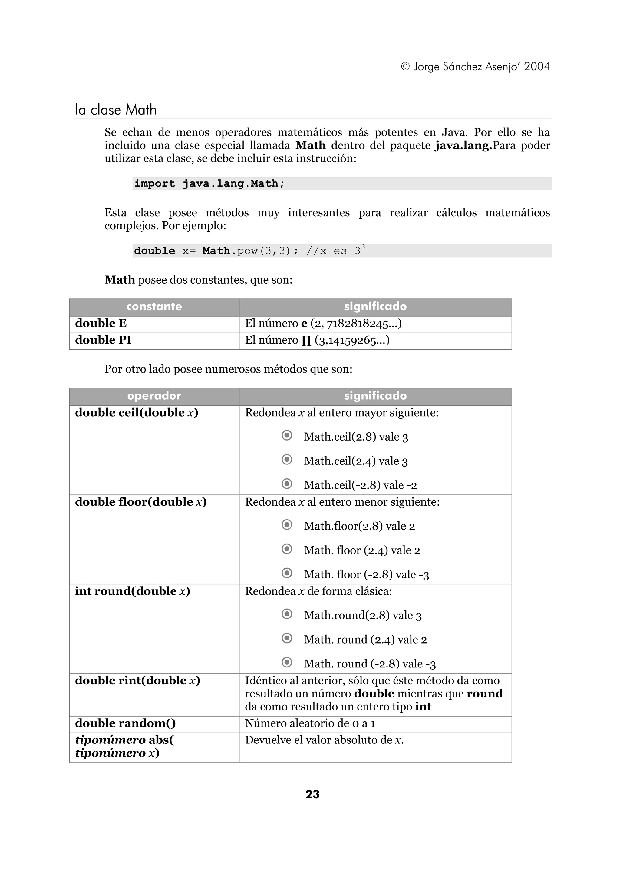 © Jorge Sánchez Asenjo’ 2004 
23 
la clase Math 
Se echan de menos operadores matemáticos más potentes en Java. Por ello se ha 
incluido una clase especial llamada Math dentro del paquete java.lang.Para poder 
utilizar esta clase, se debe incluir esta instrucción: 
import java.lang.Math; 
Esta clase posee métodos muy interesantes para realizar cálculos matemáticos 
complejos. Por ejemplo: 
double x= Math.pow(3,3); //x es 33 
Math posee dos constantes, que son: 
constante significado 
double E El número e (2, 7182818245...) 
double PI El número Π (3,14159265...) 
Por otro lado posee numerosos métodos que son: 
operador significado 
double ceil(double x) Redondea x al entero mayor siguiente: 
€ Math.ceil(2.8) vale 3 
€ Math.ceil(2.4) vale 3 
€ Math.ceil(-2.8) vale -2 
double floor(double x) Redondea x al entero menor siguiente: 
€ Math.floor(2.8) vale 2 
€ Math. floor (2.4) vale 2 
€ Math. floor (-2.8) vale -3 
int round(double x) Redondea x de forma clásica: 
€ Math.round(2.8) vale 3 
€ Math. round (2.4) vale 2 
€ Math. round (-2.8) vale -3 
double rint(double x) Idéntico al anterior, sólo que éste método da como 
resultado un número double mientras que round 
da como resultado un entero tipo int 
double random() Número aleatorio de 0 a 1 
tiponúmero abs( 
tiponúmero x) 
Devuelve el valor absoluto de x. 
 