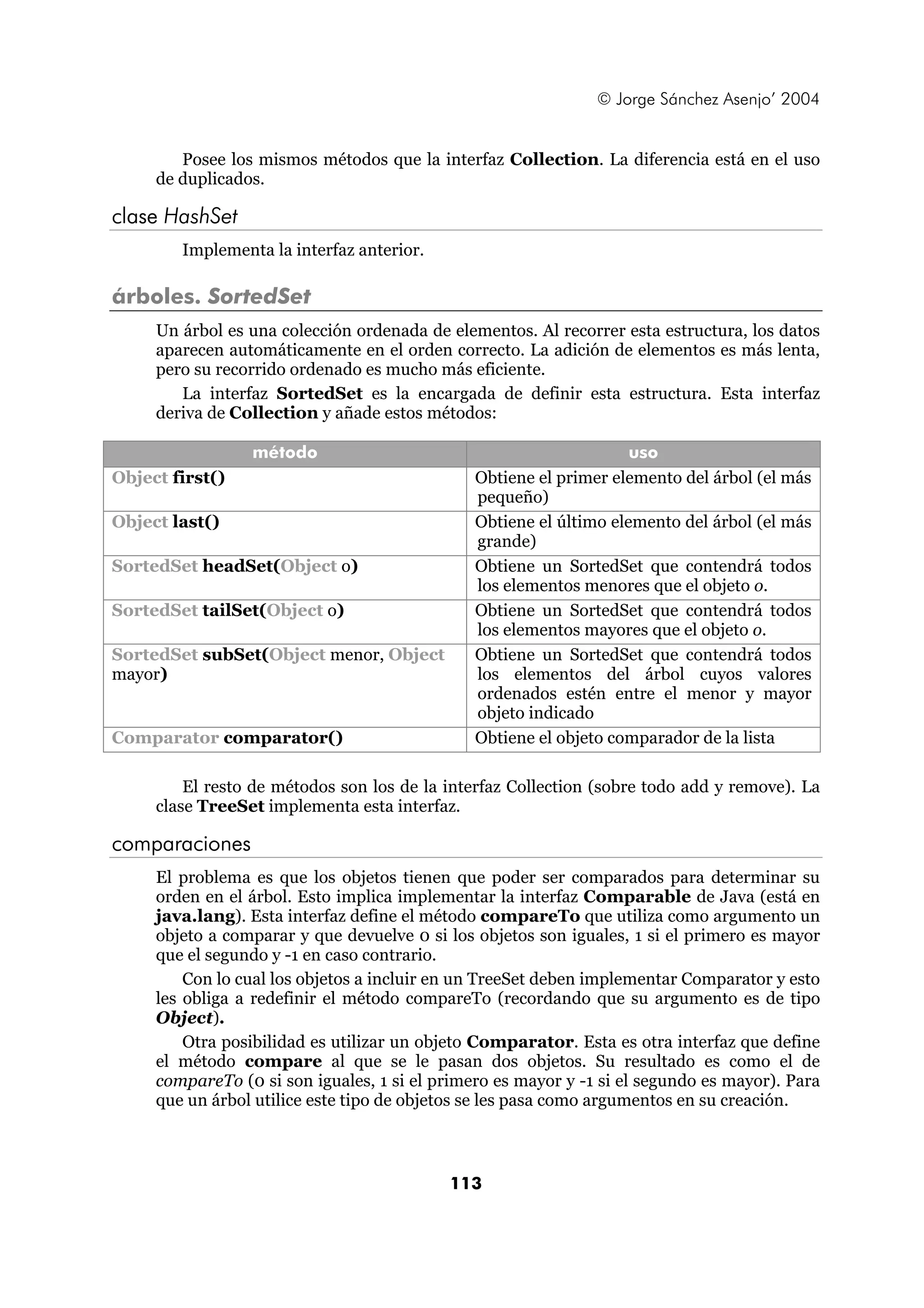 © Jorge Sánchez Asenjo’ 2004 
Posee los mismos métodos que la interfaz Collection. La diferencia está en el uso 
113 
de duplicados. 
clase HashSet 
Implementa la interfaz anterior. 
árboles. SortedSet 
Un árbol es una colección ordenada de elementos. Al recorrer esta estructura, los datos 
aparecen automáticamente en el orden correcto. La adición de elementos es más lenta, 
pero su recorrido ordenado es mucho más eficiente. 
La interfaz SortedSet es la encargada de definir esta estructura. Esta interfaz 
deriva de Collection y añade estos métodos: 
método uso 
Object first() Obtiene el primer elemento del árbol (el más 
pequeño) 
Object last() Obtiene el último elemento del árbol (el más 
grande) 
SortedSet headSet(Object o) Obtiene un SortedSet que contendrá todos 
los elementos menores que el objeto o. 
SortedSet tailSet(Object o) Obtiene un SortedSet que contendrá todos 
los elementos mayores que el objeto o. 
SortedSet subSet(Object menor, Object 
mayor) 
Obtiene un SortedSet que contendrá todos 
los elementos del árbol cuyos valores 
ordenados estén entre el menor y mayor 
objeto indicado 
Comparator comparator() Obtiene el objeto comparador de la lista 
El resto de métodos son los de la interfaz Collection (sobre todo add y remove). La 
clase TreeSet implementa esta interfaz. 
comparaciones 
El problema es que los objetos tienen que poder ser comparados para determinar su 
orden en el árbol. Esto implica implementar la interfaz Comparable de Java (está en 
java.lang). Esta interfaz define el método compareTo que utiliza como argumento un 
objeto a comparar y que devuelve 0 si los objetos son iguales, 1 si el primero es mayor 
que el segundo y -1 en caso contrario. 
Con lo cual los objetos a incluir en un TreeSet deben implementar Comparator y esto 
les obliga a redefinir el método compareTo (recordando que su argumento es de tipo 
Object). 
Otra posibilidad es utilizar un objeto Comparator. Esta es otra interfaz que define 
el método compare al que se le pasan dos objetos. Su resultado es como el de 
compareTo (0 si son iguales, 1 si el primero es mayor y -1 si el segundo es mayor). Para 
que un árbol utilice este tipo de objetos se les pasa como argumentos en su creación. 
 