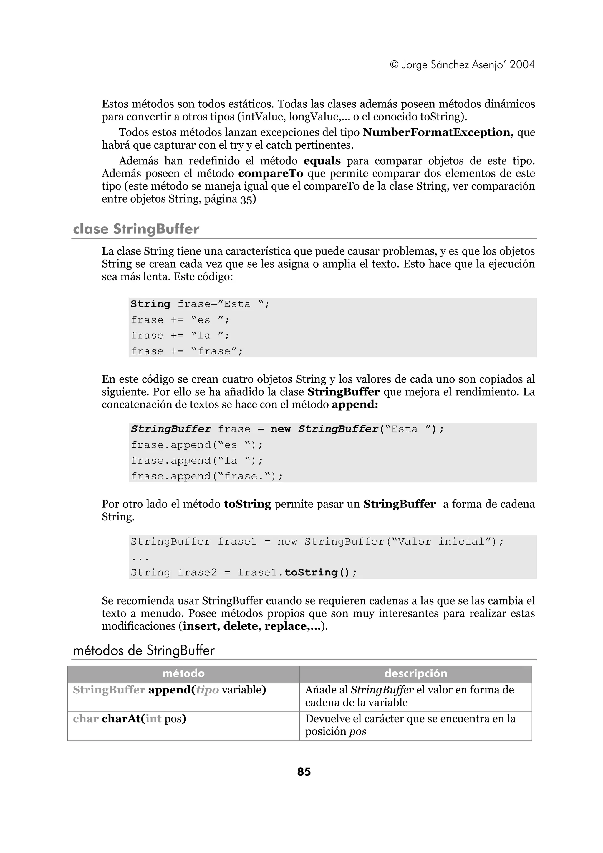 © Jorge Sánchez Asenjo’ 2004 
Estos métodos son todos estáticos. Todas las clases además poseen métodos dinámicos 
para convertir a otros tipos (intValue, longValue,... o el conocido toString). 
Todos estos métodos lanzan excepciones del tipo NumberFormatException, que 
habrá que capturar con el try y el catch pertinentes. 
Además han redefinido el método equals para comparar objetos de este tipo. 
Además poseen el método compareTo que permite comparar dos elementos de este 
tipo (este método se maneja igual que el compareTo de la clase String, ver comparación 
entre objetos String, página 35) 
85 
clase StringBuffer 
La clase String tiene una característica que puede causar problemas, y es que los objetos 
String se crean cada vez que se les asigna o amplia el texto. Esto hace que la ejecución 
sea más lenta. Este código: 
String frase=”Esta “; 
frase += “es ”; 
frase += “la ”; 
frase += “frase”; 
En este código se crean cuatro objetos String y los valores de cada uno son copiados al 
siguiente. Por ello se ha añadido la clase StringBuffer que mejora el rendimiento. La 
concatenación de textos se hace con el método append: 
StringBuffer frase = new StringBuffer(“Esta ”); 
frase.append(“es “); 
frase.append(“la “); 
frase.append(“frase.“); 
Por otro lado el método toString permite pasar un StringBuffer a forma de cadena 
String. 
StringBuffer frase1 = new StringBuffer(“Valor inicial”); 
... 
String frase2 = frase1.toString(); 
Se recomienda usar StringBuffer cuando se requieren cadenas a las que se las cambia el 
texto a menudo. Posee métodos propios que son muy interesantes para realizar estas 
modificaciones (insert, delete, replace,…). 
métodos de StringBuffer 
método descripción 
StringBuffer append(tipo variable) Añade al StringBuffer el valor en forma de 
cadena de la variable 
char charAt(int pos) Devuelve el carácter que se encuentra en la 
posición pos 
 