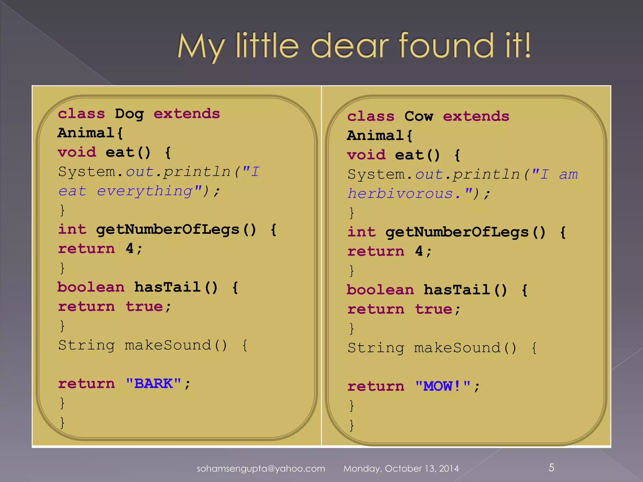 class Dog extends 
Animal{ 
void eat() { 
System.out.println("I 
eat everything"); 
} 
int getNumberOfLegs() { 
return 4; 
} 
boolean hasTail() { 
return true; 
} 
String makeSound() { 
sohamsengupta@yahoo.com Monday, October 13, 2014 5 
return "BARK"; 
} 
} 
class Cow extends 
Animal{ 
void eat() { 
System.out.println("I am 
herbivorous."); 
} 
int getNumberOfLegs() { 
return 4; 
} 
boolean hasTail() { 
return true; 
} 
String makeSound() { 
return "MOW!"; 
} 
} 
 