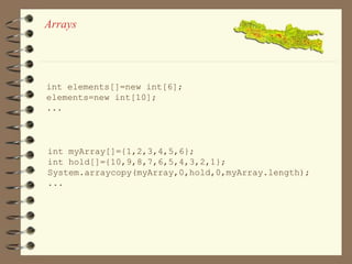 Arrays 
int elements[]=new int[6]; 
elements=new int[10]; 
... 
int myArray[]={1,2,3,4,5,6}; 
int hold[]={10,9,8,7,6,5,4,3,2,1}; 
System.arraycopy(myArray,0,hold,0,myArray.length); 
... 
 
