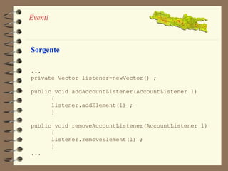 Eventi 
Sorgente 
... 
private Vector listener=newVector() ; 
public void addAccountListener(AccountListener l) 
{ 
listener.addElement(l) ; 
} 
public void removeAccountListener(AccountListener l) 
{ 
listener.removeElement(l) ; 
} 
... 
 
