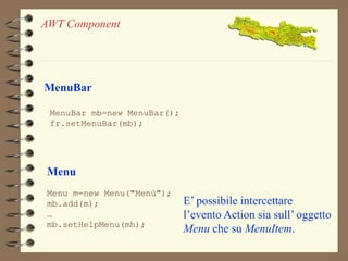 AWT Component 
MenuBar 
MenuBar mb=new MenuBar(); 
fr.setMenuBar(mb); 
Menu 
Menu m=new Menu("Menù"); 
mb.add(m); 
… 
mb.setHelpMenu(mh); 
E’ possibile intercettare 
l’evento Action sia sull’ oggetto 
Menu che su MenuItem. 
 