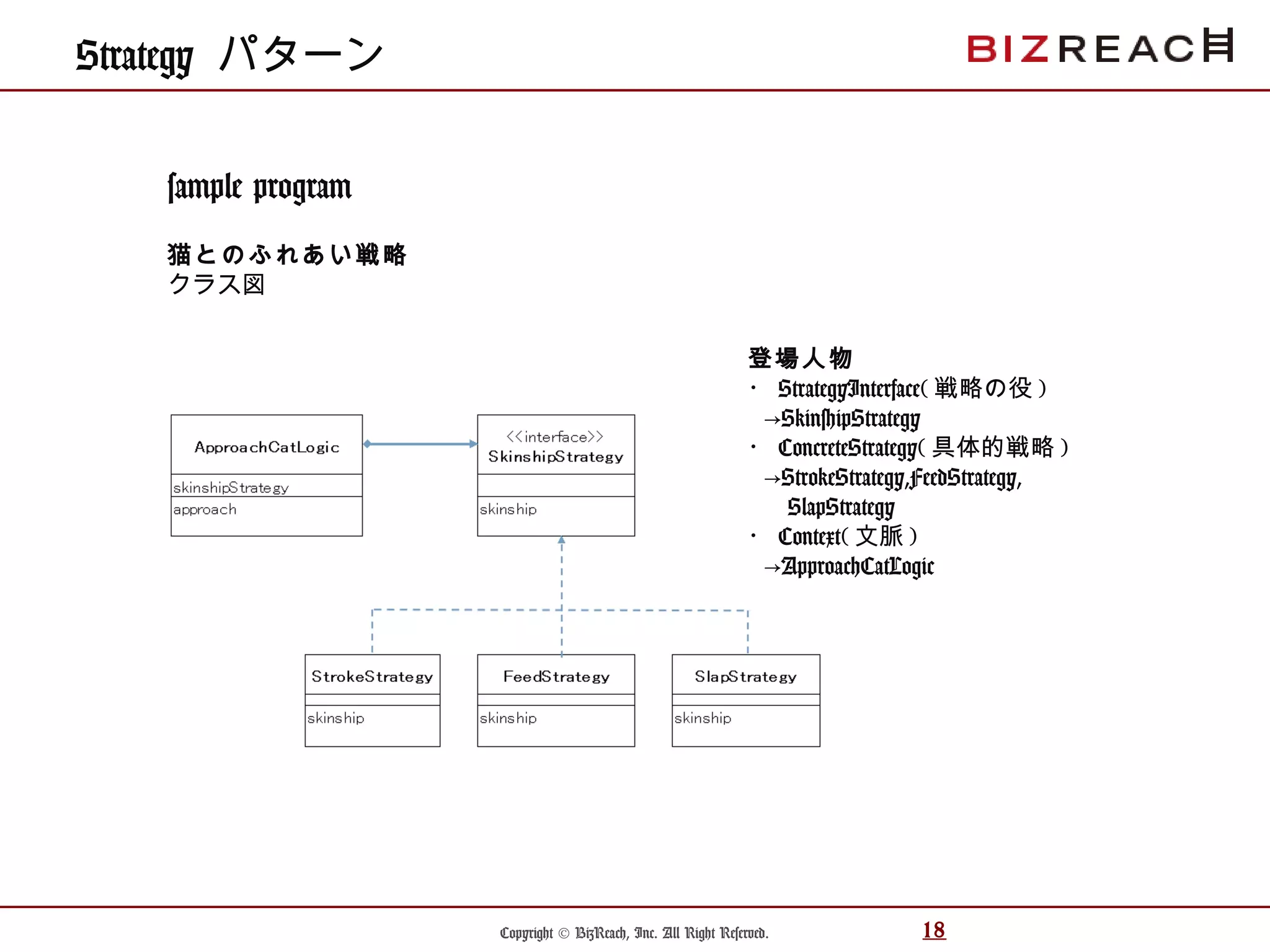 Copyright © BizReach, Inc. All Right Reserved. 18
sample program
猫とのふれあい戦略
クラス図
Strategy パターン
登場人物
・ StrategyInterface( 戦略の役 )
→SkinshipStrategy
・ ConcreteStrategy( 具体的戦略 )
→StrokeStrategy,FeedStrategy,
SlapStrategy
・ Context( 文脈 )
→ApproachCatLogic
 