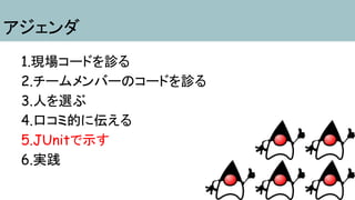 伝える事
・実装サンプル
・期待値（アサーション）
・実際にTestを走らせる
・オールグリーンを見せる
5.JUnitで示す
 