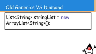 List<String> stringList = new
ArrayList<>();
これは割とみんなすんなり受け入れてくれ
る感じがしている
Old Generics VS Diamond
 