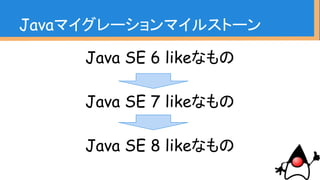 Java SE 6 likeなもの
Java SE 7 likeなもの
Java SE 8 likeなもの
Javaマイグレーションマイルストーン
 