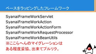 ベースをラッピングしたフレームワーク
・社内技術の蓄積とオレオレフレームワークは表裏一
体。良くもあり、悪くもある
・オレオレフレームワークは神聖不可侵みたいな扱い
をされている事が多い
・アーキテクチャに従えという支配的な傾向が強かった
りする
 