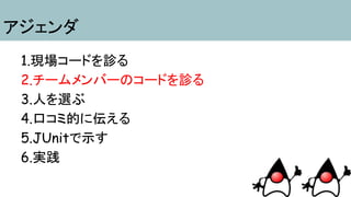 ・基本的なJavaコーディングセオリー
・どのver.のJavaコーディングか
・どういう性格か
・メソッドや変数命名のクセ
・DRY、SOLID
２.チームメンバーのコードを診る
 