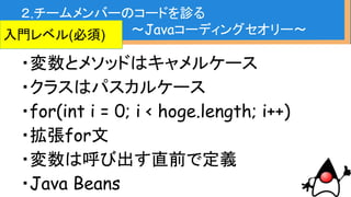 public class hogeHoge {
String user_id;
String UserId;
public void GetHoge()
public void get_hoge()
}
２.チームメンバーのコードを診る
〜Javaコーディングセオリー〜
 