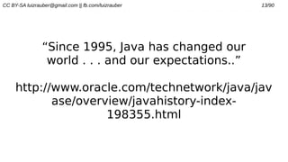 CC BY-SA luizrauber@gmail.com || fb.com/luizrauber 13/90
“Since 1995, Java has changed our
world . . . and our expectations..”
http://www.oracle.com/technetwork/java/jav
ase/overview/javahistory-index-
198355.html
 