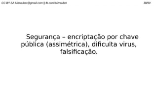 CC BY-SA luizrauber@gmail.com || fb.com/luizrauber 18/90
Segurança – encriptação por chave
pública (assimétrica), dificulta virus,
falsificação.
 