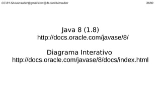 CC BY-SA luizrauber@gmail.com || fb.com/luizrauber 36/90
Java 8 (1.8)
http://docs.oracle.com/javase/8/
Diagrama Interativo
http://docs.oracle.com/javase/8/docs/index.html
 