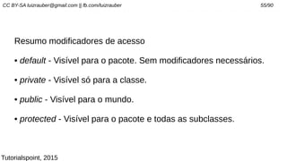 CC BY-SA luizrauber@gmail.com || fb.com/luizrauber 55/90
Resumo modificadores de acesso
• default - Visível para o pacote. Sem modificadores necessários.
• private - Visível só para a classe.
• public - Visível para o mundo.
• protected - Visível para o pacote e todas as subclasses.
Tutorialspoint, 2015
 