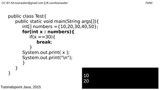 CC BY-SA luizrauber@gmail.com || fb.com/luizrauber 70/90
public class Test{
public static void main(String args[]){
int[] numbers ={10,20,30,40,50};
for(int x : numbers){
if(x ==30){
break;
}
System.out.print( x );
System.out.print("n");
}
}
}
10
20
Tutorialspoint Java, 2015
 