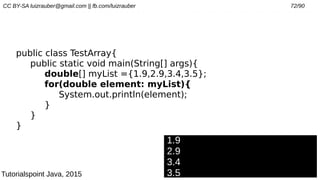 CC BY-SA luizrauber@gmail.com || fb.com/luizrauber 72/90
public class TestArray{
public static void main(String[] args){
double[] myList ={1.9,2.9,3.4,3.5};
for(double element: myList){
System.out.println(element);
}
}
}
1.9
2.9
3.4
3.5Tutorialspoint Java, 2015
 