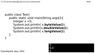 CC BY-SA luizrauber@gmail.com || fb.com/luizrauber 76/90
public class Test{
public static void main(String args[]){
Integer x =5;
System.out.println( x.byteValue());
System.out.println(x.doubleValue());
System.out.println( x.longValue());
}
}
5
5.0
5Tutorialspoint Java, 2015
 