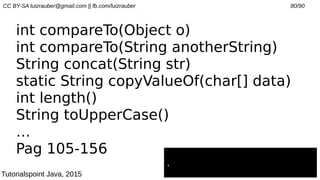 CC BY-SA luizrauber@gmail.com || fb.com/luizrauber 80/90
int compareTo(Object o)
int compareTo(String anotherString)
String concat(String str)
static String copyValueOf(char[] data)
int length()
String toUpperCase()
…
Pag 105-156
.
Tutorialspoint Java, 2015
 