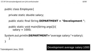 CC BY-SA luizrauber@gmail.com || fb.com/luizrauber 82/90
public class Employee{
private static double salary;
public static final String DEPARTMENT = "Development ";
public static void main(String args[]){
salary = 1000;
System.out.println(DEPARTMENT+"average salary:"+salary);
}
}
Development average salary:1000
Tutorialspoint Java, 2015
 
