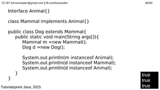 CC BY-SA luizrauber@gmail.com || fb.com/luizrauber 86/90
Interface Animal{}
class Mammal implements Animal{}
public class Dog extends Mammal{
public static void main(String args[]){
Mammal m =new Mammal();
Dog d =new Dog();
System.out.println(m instanceof Animal);
System.out.println(d instanceof Mammal);
System.out.println(d instanceof Animal);
}
}
true
true
trueTutorialspoint Java, 2015
 