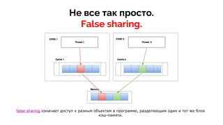 Не все так просто.
False sharing.
false sharing означает доступ к разным объектам в программе, разделяющим один и тот же блок
кэш-памяти.
 