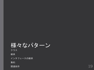 様々なパターン
クラス
継承
インタフェースの継承
集約
関連依存 19
 