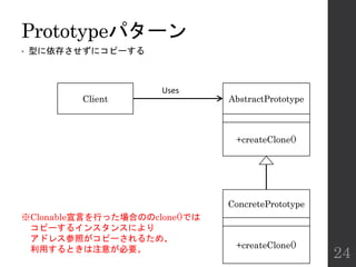 Prototypeパターン
• 型に依存させずにコピーする
24
Client AbstractPrototype
ConcretePrototype
Uses
+createClone()
+createClone()
※Clonable宣言を行った場合ののclone()では
コピーするインスタンスにより
アドレス参照がコピーされるため、
利用するときは注意が必要。
 