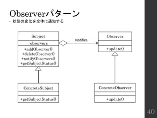 Observerパターン
• 状態の変化を全体に通知する
40
Subject
ConcreteSubject
Observer
ConcreteObserver
-observers
+addObserver()
+deleteObserver()
+notifyObservers()
+getSubjectStatus()
+getSubjectStatus()
+update()
+update()
Notifies
 