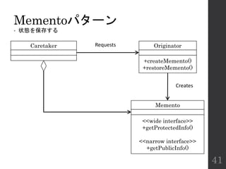 Mementoパターン
• 状態を保存する
41
Caretaker Originator
+createMemento()
+restoreMemento()
Memento
<<wide interface>>
+getProtectedInfo()
<<narrow interface>>
+getPublicInfo()
Requests
Creates
 