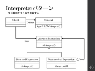 Interpreterパターン
・文法規則をクラスで表現する
46
Context
AbstractExpression
NonterminalExpression
Client
Creates
+getInfoToInterpret()
+interpret()
+interpret()
TerminalExpression
+interpret()
Uses
 