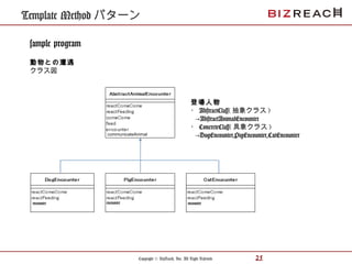Copyright © BizReach, Inc. All Right Reserved. 25
Template Method パターン
sample program
動物との遭遇
クラス図
登場人物
・ AbstractClass( 抽象クラス )
→AbstractAnimalEncounter
・ ConcreteClass( 具象クラス )
→DogEncounter,PigEncounter,CatEncountercommunicateAnimal
encounter encounter encounter
 