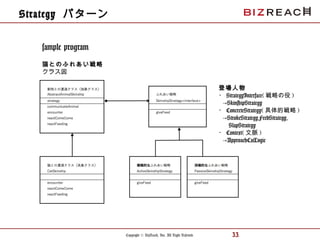 Copyright © BizReach, Inc. All Right Reserved. 33
sample program
猫とのふれあい戦略
クラス図
Strategy パターン
登場人物
・ StrategyInterface( 戦略の役 )
→SkinshipStrategy
・ ConcreteStrategy( 具体的戦略 )
→StrokeStrategy,FeedStrategy,
SlapStrategy
・ Context( 文脈 )
→ApproachCatLogic
 