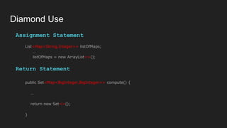 Diamond Use
Assignment Statement
List<Map<String,Integer>> listOfMaps;
…
listOfMaps = new ArrayList<>();
Return Statement
public Set<Map<BigInteger,BigInteger>> compute() {
…
return new Set<>();
}
 