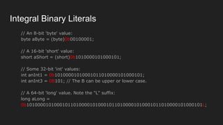 Integral Binary Literals
// An 8-bit 'byte' value:
byte aByte = (byte)0b00100001;
// A 16-bit 'short' value:
short aShort = (short)0b1010000101000101;
// Some 32-bit 'int' values:
int anInt1 = 0b10100001010001011010000101000101;
int anInt3 = 0B101; // The B can be upper or lower case.
// A 64-bit 'long' value. Note the "L" suffix:
long aLong =
0b1010000101000101101000010100010110100001010001011010000101000101L;
 