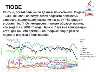 Code Eval
Code Eval собирает свою статистику, и согласно
их рейтинга за 2016-й год, лидеры Python и Java.
 