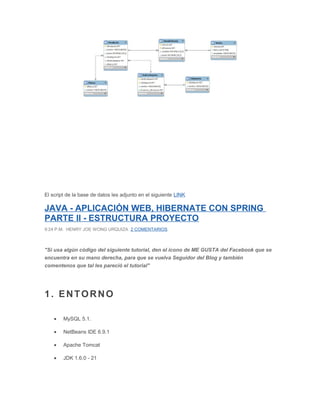El script de la base de datos les adjunto en el siguiente LINK
JAVA - APLICACIÓN WEB, HIBERNATE CON SPRING
PARTE II - ESTRUCTURA PROYECTO
9:24 P.M. HENRY JOE WONG URQUIZA 2 COMENTARIOS
"Si usa algún código del siguiente tutorial, den el icono de ME GUSTA del Facebook que se
encuentra en su mano derecha, para que se vuelva Seguidor del Blog y también
comentenos que tal les pareció el tutorial"
1. ENTORNO
• MySQL 5.1.
• NetBeans IDE 6.9.1
• Apache Tomcat
• JDK 1.6.0 - 21
 